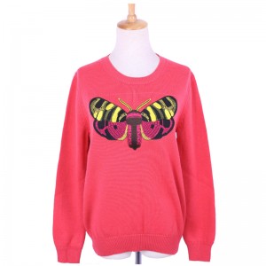 사용자 지정 봉제 나비 패치 여성용 모직 니트 스웨터 점퍼