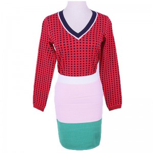 2018 Office Ladies Girls 모듬 된 컬러 격자 자카드 트윈 세트 스웨터 드레스