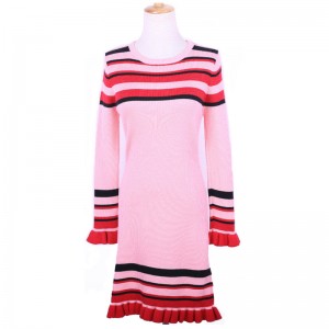 겨울 모직 두꺼운 플레어 스트라이프 롱 여성 드레스 스웨터